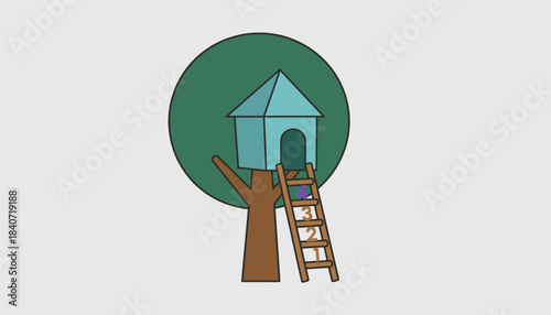 A treehouse with a ladder where each rung is painted with a different number symbolizing levels and counting up to the top.