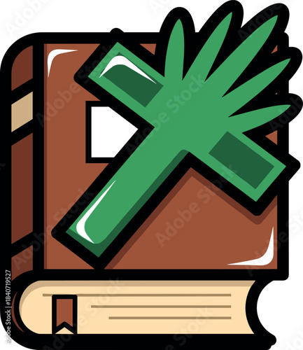 Green Palm Cross on Brown Bible Icon Vector