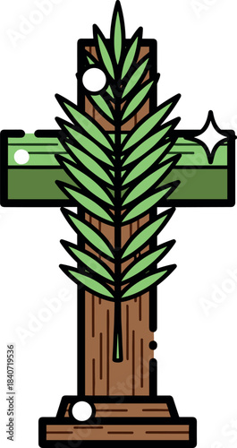 Palm Cross Icon with Palm Frond on Wooden Stand