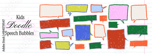 Funky colorful speech bubble set with kids crayon drawn rectangle text boxes. School doodle dialog empty silhouettes and vector charcoal talk shapes for text. Chalk pencil balloon elements.