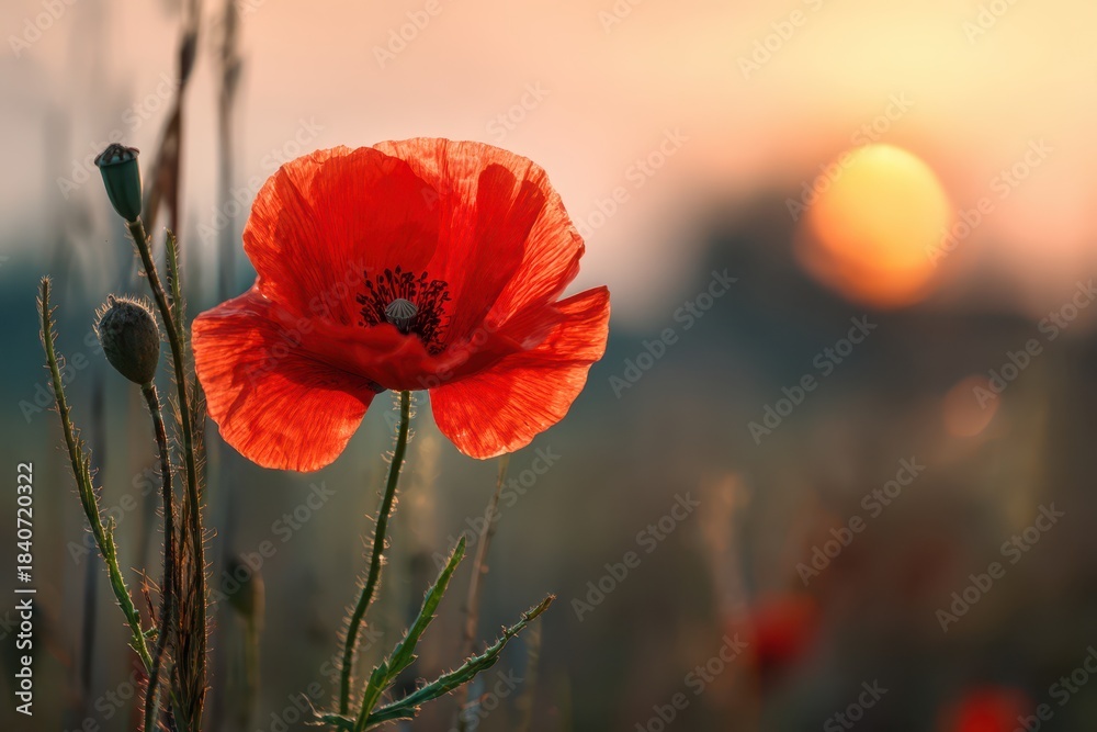 Obraz premium Serene Landscape: Radiant Sunset Over a Verdant Meadow Adorned with Vibrant Red Poppy Flowers