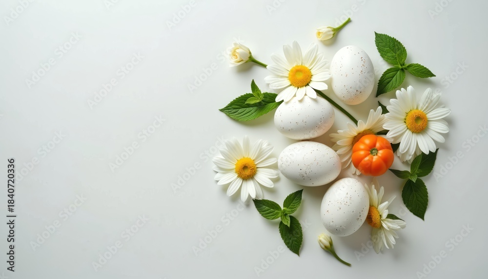 Fototapeta premium Easter eggs with white daisies and green mint leaves are arranged on a white background. A small orange tomato sits among the eggs and flowers. Natural spring holiday composition with copyspace.