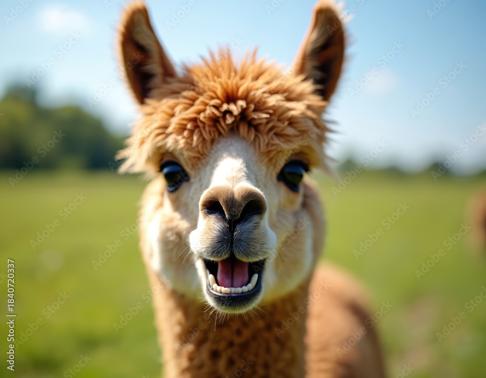 Fototapeta premium Furry alpaca shows pink tongue and teeth with mouth open wide. Cute mammal with fluffy wool stands in green grassy field on sunny day. Animal portrait.