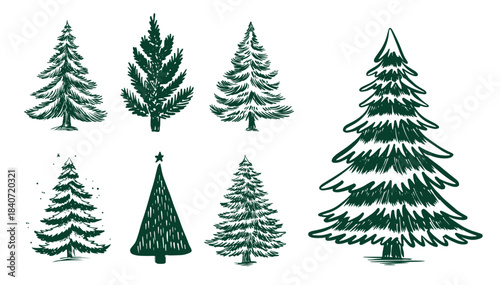 Christmas green trees set on white