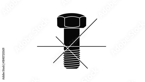 Black bolt with crossed lines, industrial icon, technical drawing, mechanical symbol, isolated on white background