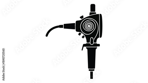 Black silhouette of a corded drill on white background, power tool icon, drilling equipment, industrial object