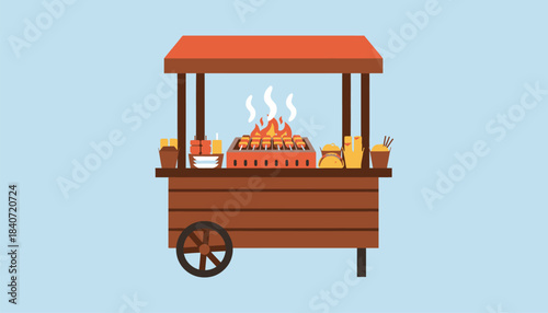 An eyecatching stand displaying an array of international street food with skewers of marinated meats sizzling on an open grill emitting mouthwatering aromas.