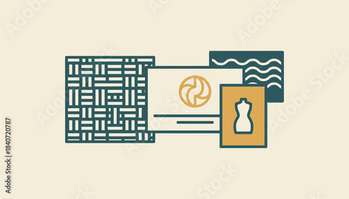 A textured fabric swatch next to printed marketing materials representing tactile elements in branding for a fashion brand.