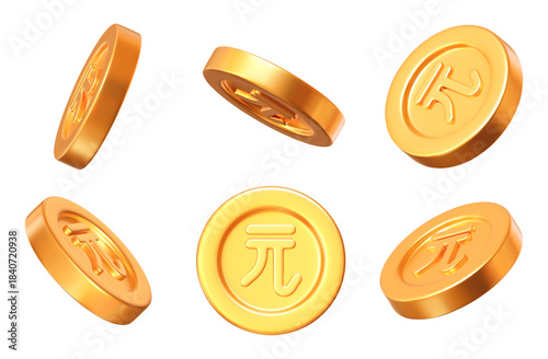 3d set of golden coins of New Taiwan Dollar with different angles. Stock vector illustration on isolated background.	