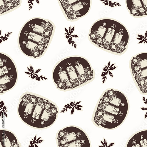 Religious prayer candle seamless vector pattern. Christian home decor background for sunday school bible study. Reflection lit candle all over print. 