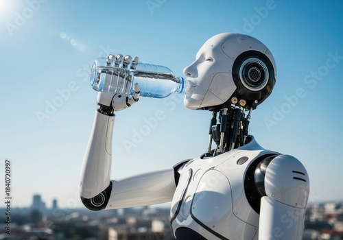 White Humanoid Robot Drinking Water Against Blue Sky