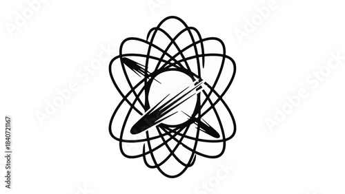 Modern abstract atomic molecular structure illustration with central sphere and curved lines, symbolizing science and chemistry concepts in a simple black and white design
