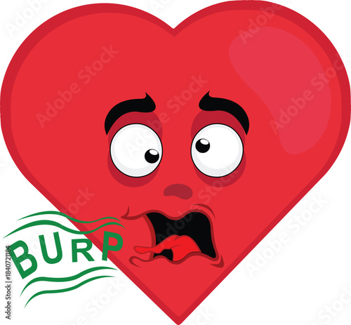 vector illustration emoticon character heart cartoon, having hiccups symptom and a speech bubble with hiccup text