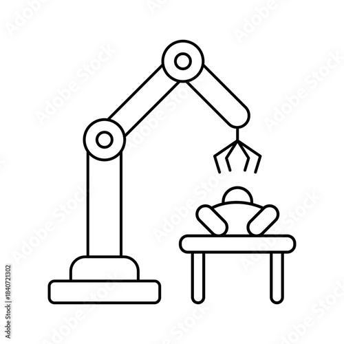 Robot arm performing surgery on a patient lying on an operating table. Concept of robotic surgery, automation in medicine, and future healthcare technology. Vector line illustration