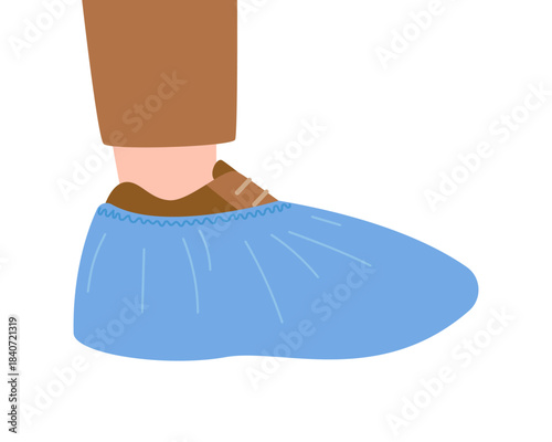 Man wearing a blue disposable shoe cover. Hygiene protection. Cleanliness in hospital, medical facility, or laboratory setting. Vector illustration