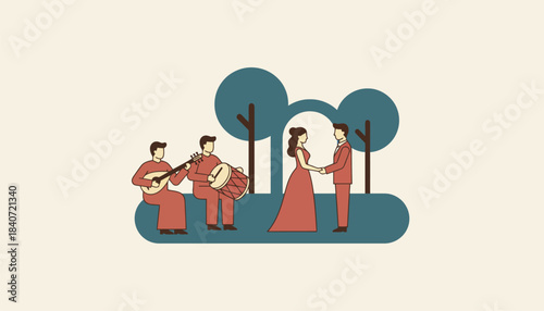 A traditional music ensemble playing as the couple makes their vows setting a heartfelt atmosphere for the ceremony.