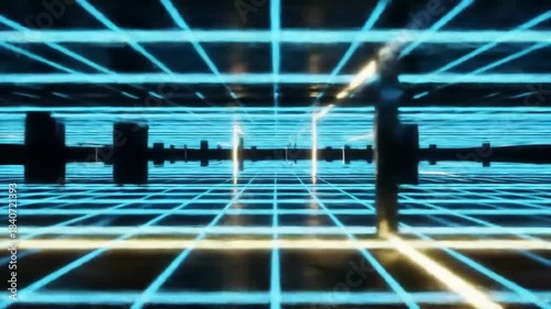 Futuristic tunnel with glowing blue grid lines, pillars and a reflective surface