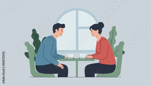 A couple sitting across from each other in a calm environment using eye contact to convey empathy and understanding during a serious conversation.