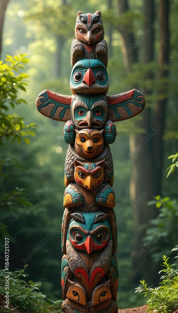 Obraz premium Tall totem pole carved with colorful owl, bear, and bird figures stands in a rich green forest. Natural forest light shines on the intricate tribal art, creating a mystical and symbolic scene.