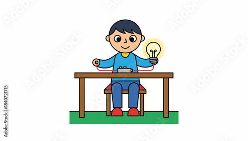 A child sitting at a table creating a simple circuit with wires and a light bulb showcasing the basics of electricity.
