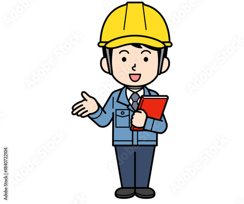 ファイルを持って説明するヘルメットをかぶった現場監督の男性