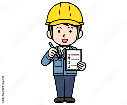 チェックリストに記入するヘルメットをかぶった現場監督の男性