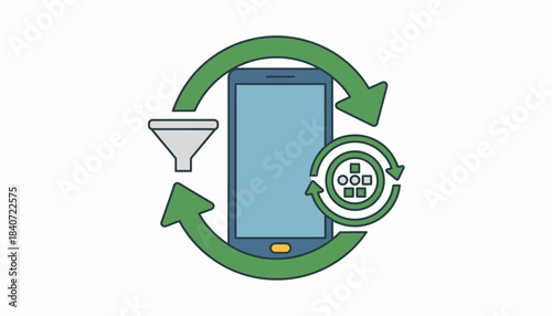 An electronic device with arrows emphasizing the recycling of ewaste for resource recovery.