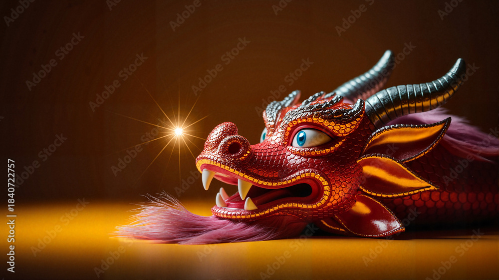 Fototapeta premium Colorful dragon figurine with shining eyes on brown background