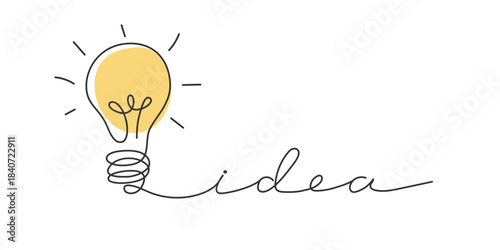 Minimalist one line drawing light bulb with handwritten idea word. Simple continuous line art. Creativity, innovation, inspiration, brainstorm symbol. Great for business startup concept educational