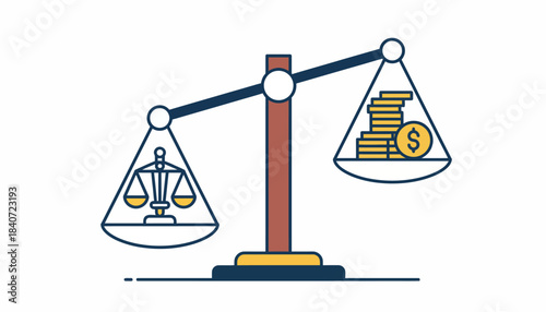 A pair of scales tipping towards a symbol of justice instead of wealth epitomizing the ideal of prioritizing human rights over economic gain.