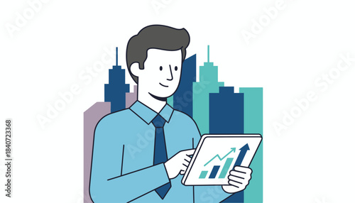 A strategist reviewing market trends on a digital tablet with a backdrop of a city skyline to represent a competitive landscape.