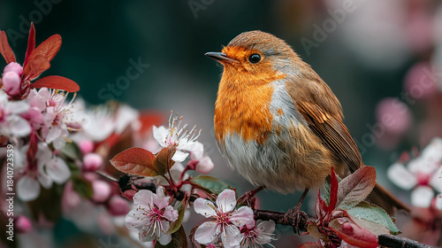 European robin perched on a flowering branch with pink blossoms