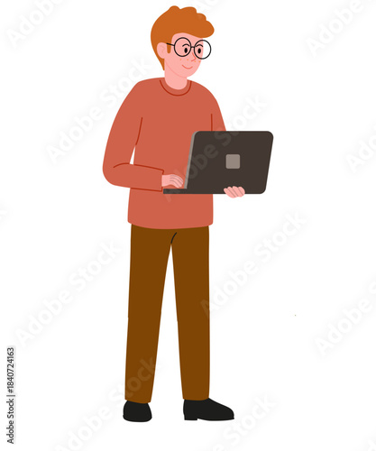 Man with red hair standing and holding laptop in his hands, wearing specialist glasses. Programmer, collection of professions