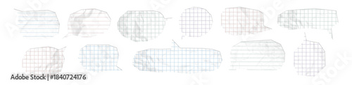 White speech bubbles cut out from crumpled grid and lined notebook paper sheets. Set of grunge social media clip art. Modern retro vector illustration for mixed media design on transparent background