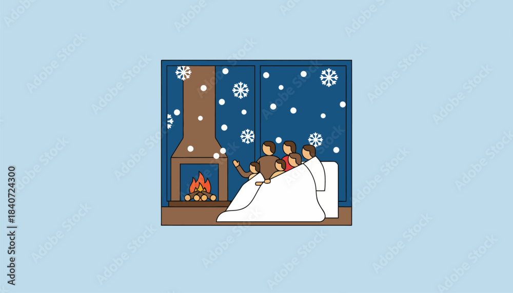 Obraz premium A serene winter scene with snow falling outside as a family snuggles under blankets sharing stories together in front of a crackling fire.