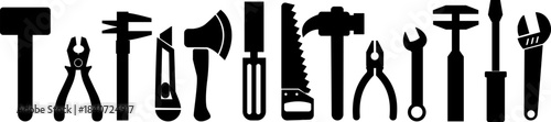 Silhouettes of various black tools, a complete set of repair and construction equipment, icons for maintenance and engineering projects