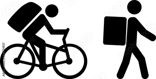 Silhouettes of delivery service personnel, a messenger on a bicycle and walking with a package; icons for express transport and logistics