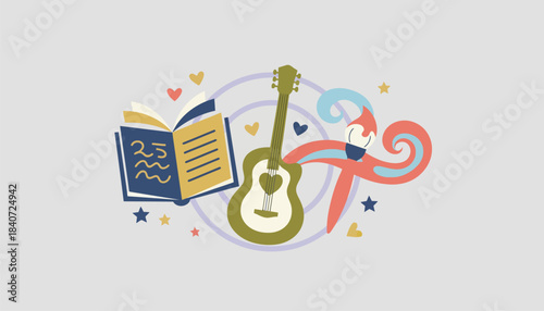 A whimsical collage of objects representing different personalities a book for the intellectual a guitar for the musician and a paintbrush for the artist symbolizing compatibility