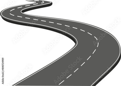 Perspective of a winding and curved road, an asphalt highway with dashed white lines, a graphic illustrating the journey ahead and the concept of a long road