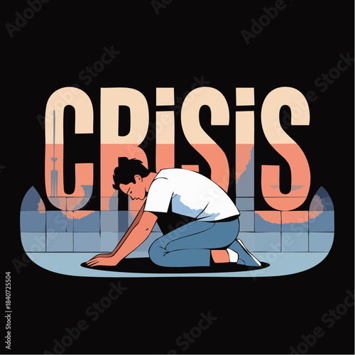kneeling figure before bold crisis text with cityscape letters in stylized scene of emotional collapse
