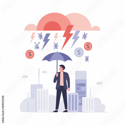person shielding under umbrella from financial storm of currency symbols and lightning in stylized cityscape