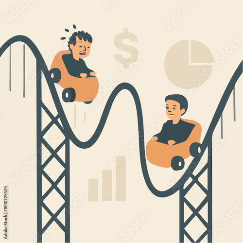 roller coaster of financial volatility with anxious and calm riders amid stylized charts and currency icons
