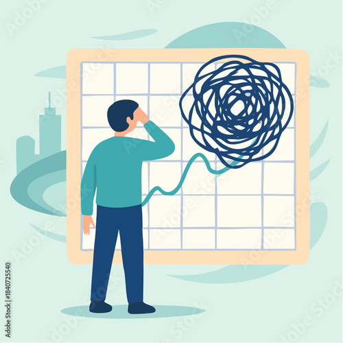 confused analyst before tangled green chart in stylized grid of data complexity and decision fatigue
