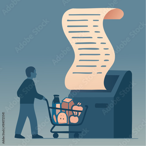 grocery cart and oversized receipt printer in subdued blue-peach scene of consumer spending tension
