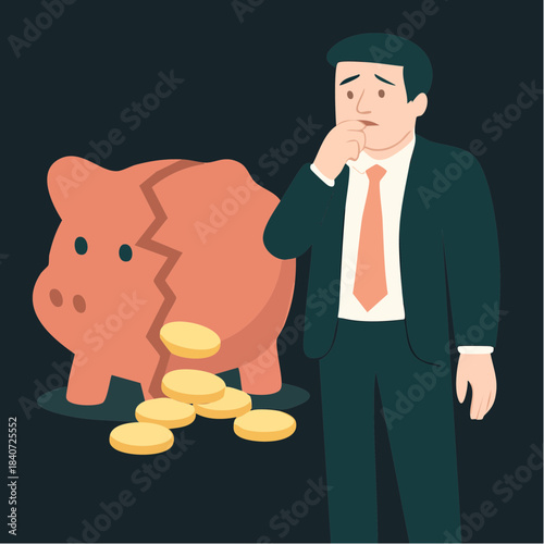 worried businessman beside cracked piggy bank with spilled coins in scene of financial distress
