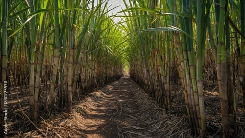 Sugar cane plantation with blue sky background.