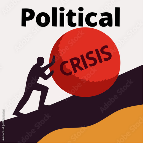 pushing crisis uphill under political weight with silhouette tension and steep incline symbolism
