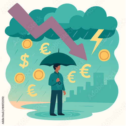storm of falling currencies and downward arrow over cityscape with umbrella of financial resilience
