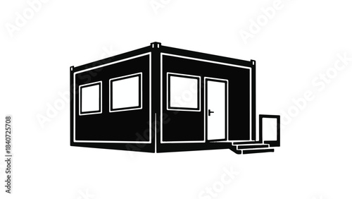 Simple modern small house or office building with door and windows in black and white line art illustration for architecture or real estate concept