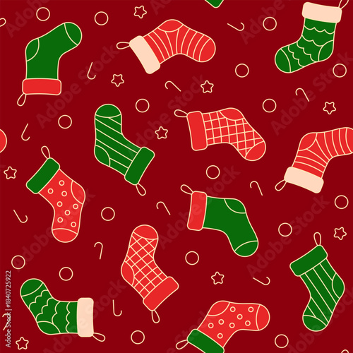 Christmas stocking seamless pattern. Christmas and holiday season background. Festive winter wallpaper. Vector illustration